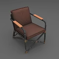 Vintage Brown Leather Single Chair With Wooden Armrests And Metal Frame