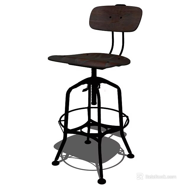 Industrial Style Bar Stool with Wooden Seat and Metal Frame and Round Base Design 3d model 