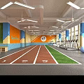 Indoor Gym With Running Track Fitness Equipment Orange Wall Next Run Sign And Green Area