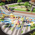Colorful Kids Play Area With Slide Swings Climbing Structures And Green Trees