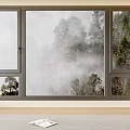 Large Window Showing Misty Forest View With Open Book On Windowsill 3d model