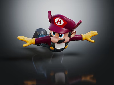 Mario Flying With Outstretched Arms Red Hat White M Purple Shirt Yellow Gloves Dark Background 3d model