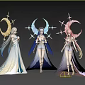 Three Women in Colorful Long Dresses with Moon and Star Decorations Standing Together