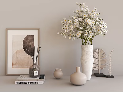 Decorative Ornament Set With Framed Painting Diffuser Books Ceramic Vases White Flowers And Leaf Decor 3d model