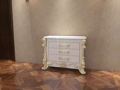 Elegant White Entryway Side Cabinet With Gold Carved Accents And Drawers 3d model