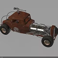 Vintage Red Rusty Car With Exposed Engine And Large Off Road Tires