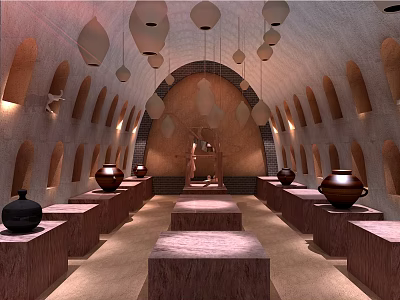 Traditional Pottery Display Hall With Arched Walls Hanging Lamps And Clay Pots On Platforms 3d model