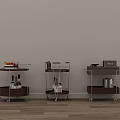 Three Rolling Side Tables With Wooden Shelves Metal Frames Fruits Wine Glasses And Books