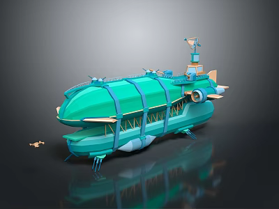 Futuristic Teal Submarine 3D Model with Windows and Structural Parts on Reflective Surface 3d model