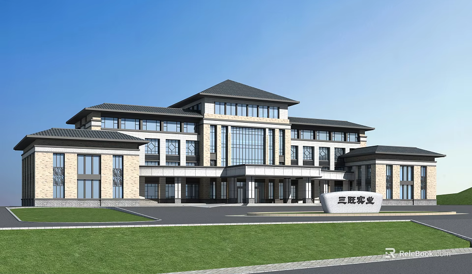 Modern Traditional Office Building Exterior With Large Glass Windows Front Lawn And Entrance 3d model 