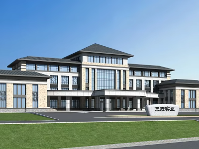 Modern Traditional Office Building Exterior With Large Glass Windows Front Lawn And Entrance 3d model