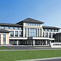 Modern Traditional Office Building Exterior With Large Glass Windows Front Lawn And Entrance