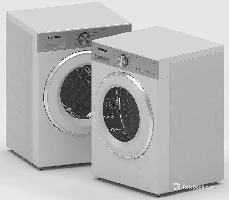 Two White Toshiba Front Loading Washing Machines Daily Home Appliances 3d model 