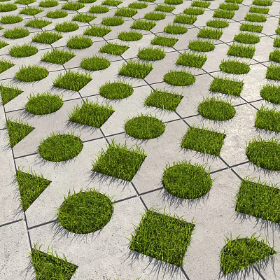 Green Grass Round and Square Patches Neatly Arranged On Gray Stone Slabs 3d model