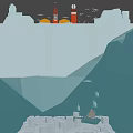 Cartoon Animated Arctic Scene With Orange Tugboat Icebergs Seagulls Buildings And Icy Ocean