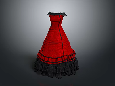 Elegant Red Vintage Dress With Black Lace Trim And Ruffled Skirt 3d model