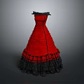 Elegant Red Vintage Dress With Black Lace Trim And Ruffled Skirt