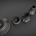 Ancient Pottery Vases With Intricate Black White Patterns Displayed In A Row With Geometric Symbols
