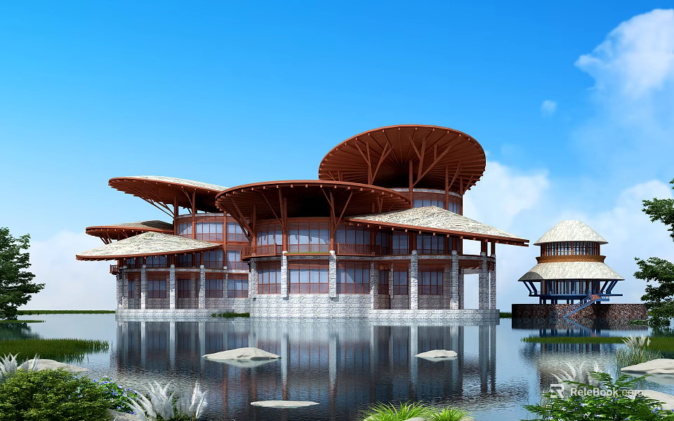 Wooden House With Red Sloped Roofs By Water With Stones Small Pavilion And Blue Sky 3d model 