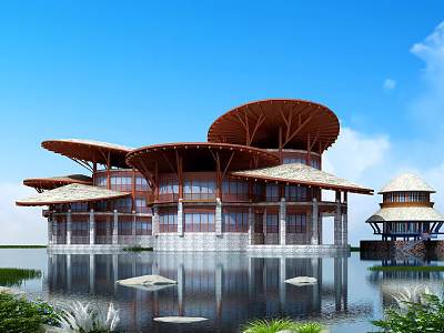 Wooden House With Red Sloped Roofs By Water With Stones Small Pavilion And Blue Sky 3d model