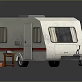 White Caravan With Gray Roof Red Stripe Windows Door Near Small Table And Bucket
