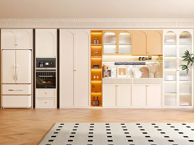 Modern Kitchen Built in Wine Cabinet With Warm Lighting Glass Doors And Wooden Cabinets 3d model