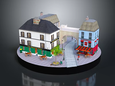 Traditional European Buildings With White Blue Facades Sloped Roofs Outdoor Seating And Street Scene 3d model