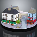 Traditional European Buildings With White Blue Facades Sloped Roofs Outdoor Seating And Street Scene