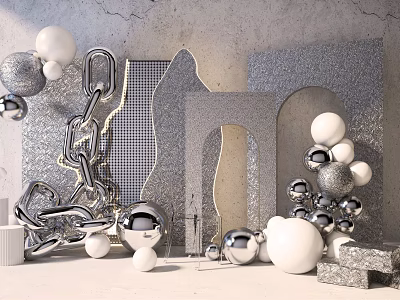 Modern Decorative Display With Silver Chains Spheres And Geometric Shapes 3d model