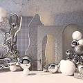 Modern Decorative Display With Silver Chains Spheres And Geometric Shapes 3d model