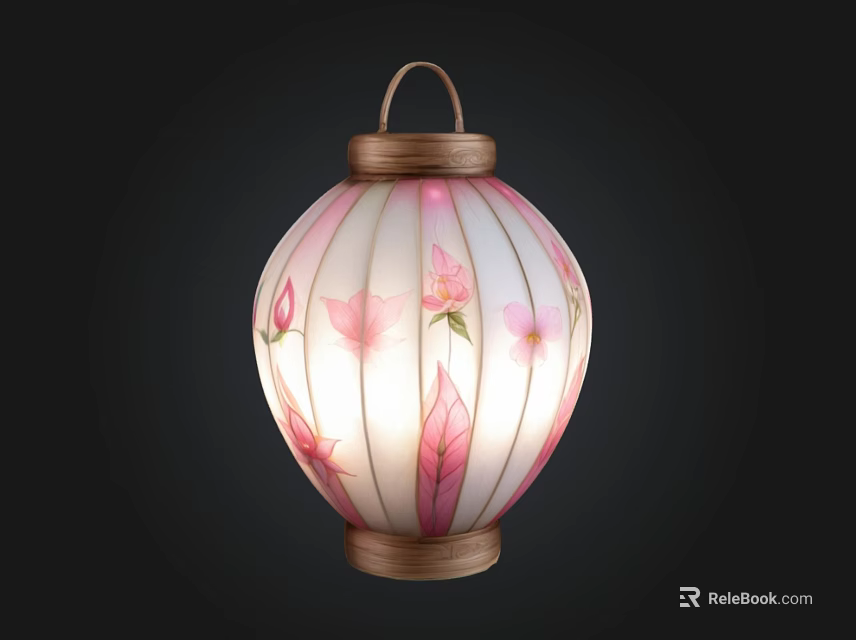Traditional Pink And White Decorative Lantern With Floral Patterns Wooden Handle And Base 3d model 