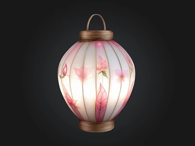 Traditional Pink And White Decorative Lantern With Floral Patterns Wooden Handle And Base 3d model