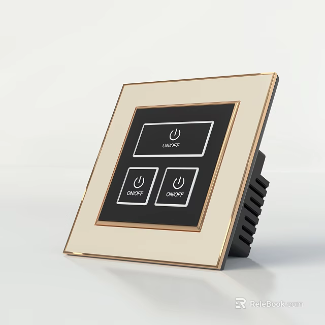 Modern Switch Panel with Gold Frame Black Panel and Three ON OFF Buttons 3d model 