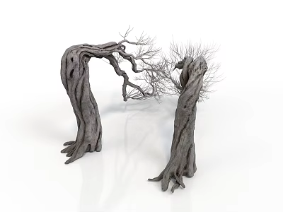 Natural Weathered Curved Tree Trunks With Leafless Branches And Exposed Roots 3d model