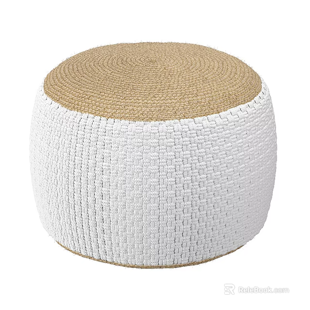 Round Woven Stool With Light Brown Top And White Braided Body Design 3d model 