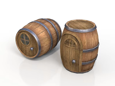 Decorative Wooden Barrels As Household Storage Items With Metal Hoops And Small Doors 3d model