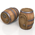 Decorative Wooden Barrels As Household Storage Items With Metal Hoops And Small Doors