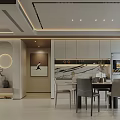 Modern Elegant Restaurant With Round Pendant Light Curved Wall Vase Branch Decoration And Wooden Bench