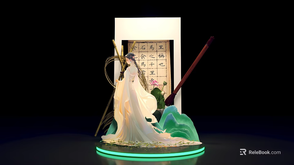 Ancient Style Photo Spot Featuring White Robe Figure Scroll Writing Brush Green Mountain Illuminated Base 3d model 