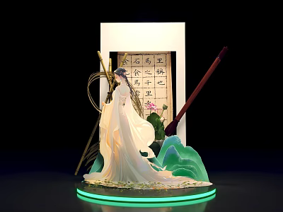 Ancient Style Photo Spot Featuring White Robe Figure Scroll Writing Brush Green Mountain Illuminated Base 3d model