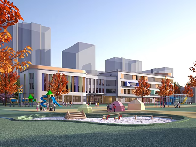 Modern School Buildings with Outdoor Playground Slide Sandpit and Green Trees 3d model