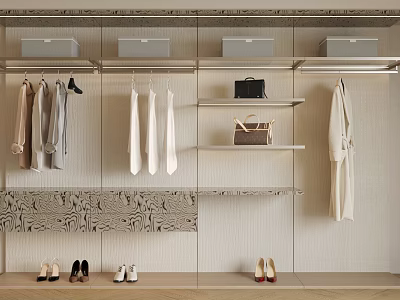 Modern Wardrobe Interior Design With Hanging Clothes Shelves Designer Bags And Stylish Shoes 3d model