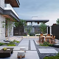 Modern Garden Courtyard With Stone Pathway Wooden Table Chairs Outdoor Seating And Green Plants
