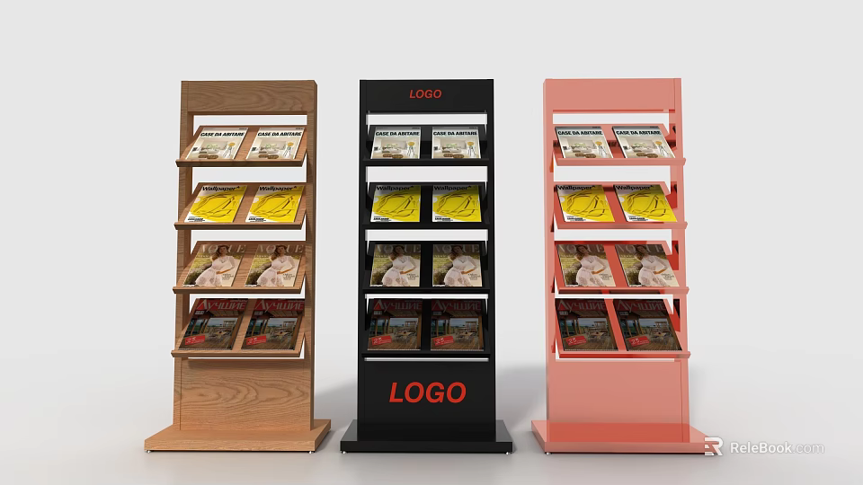 Multi Layer Display Racks In Brown Black Pink For Magazine Display With LOGO 3d model