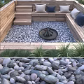 Outdoor Sofa With Cushions Wooden Frame Fire Pit Gravel Floor And Green Plants