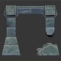 Green Carved Stone Arch Structure With Stacked Blocks And Decorative Details
