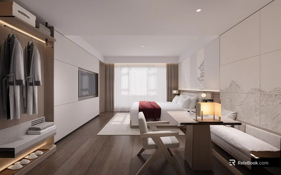 Modern Hotel Guest Room Interior With Comfortable Bed TV Desk Chair And Soft Lighting 3d model 