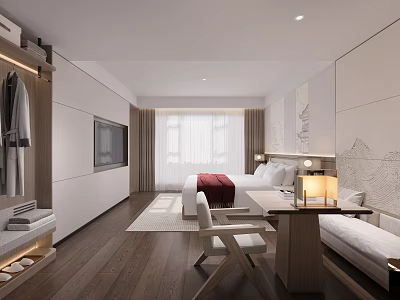 Modern Hotel Guest Room Interior With Comfortable Bed TV Desk Chair And Soft Lighting 3d model