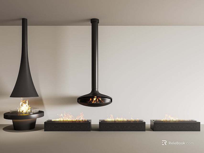 Modern Fireplaces In Various Designs With Flames In Minimalist Room 3d model 