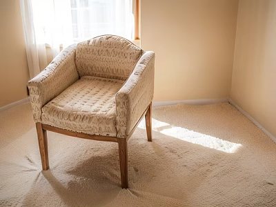 Patterned Beige Single Seater Sofa With Wooden Legs In Bright Carpeted Room And Window Light 3d model